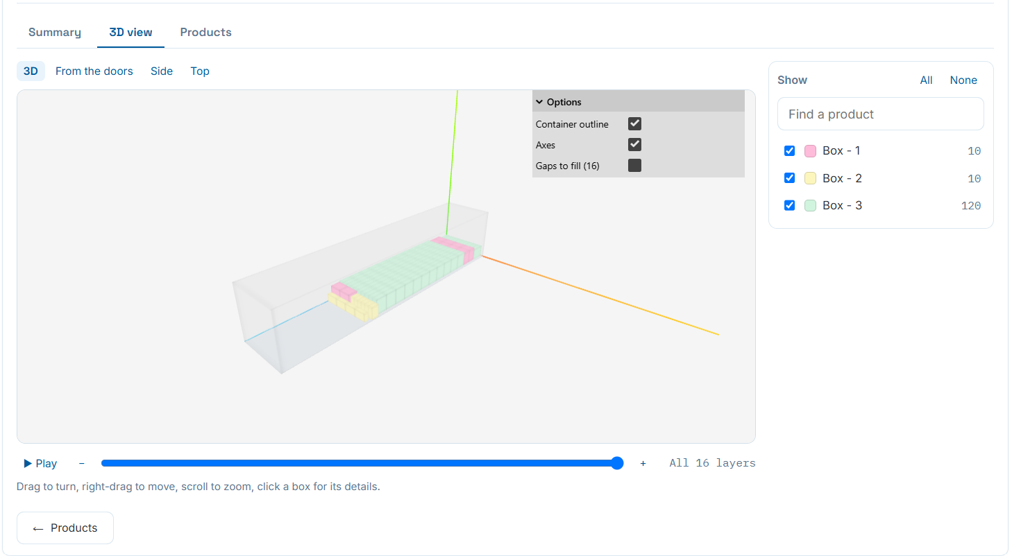 3D load view with camera preset buttons, options panel, product show/hide list and layer play slider