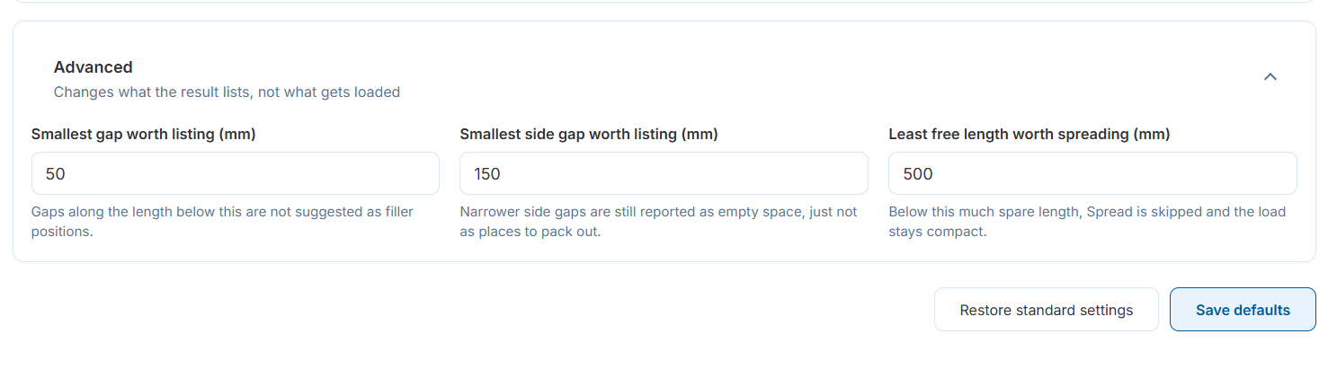 Advanced thresholds: smallest gap worth listing, smallest side gap worth listing, least free length worth spreading