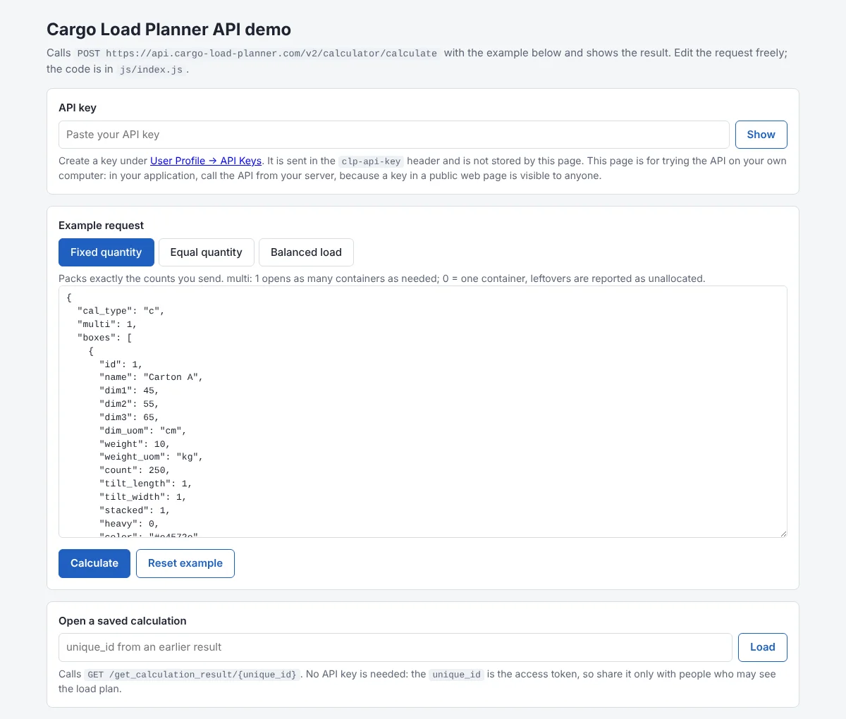 Demo page with an API key box, three example requests and a Calculate button