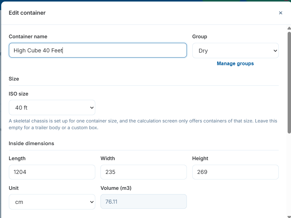 Edit container form showing name, group, ISO size, inside dimensions and computed volume