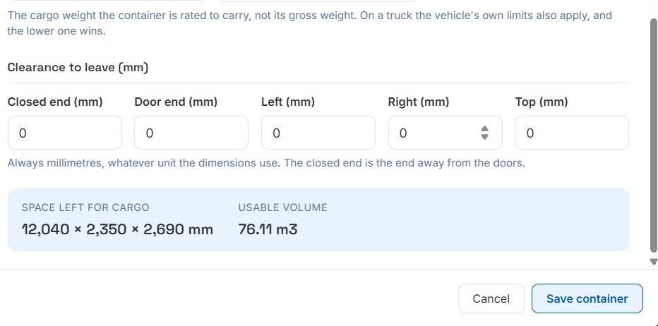 Clearance to leave fields and the resulting space left for cargo and usable volume