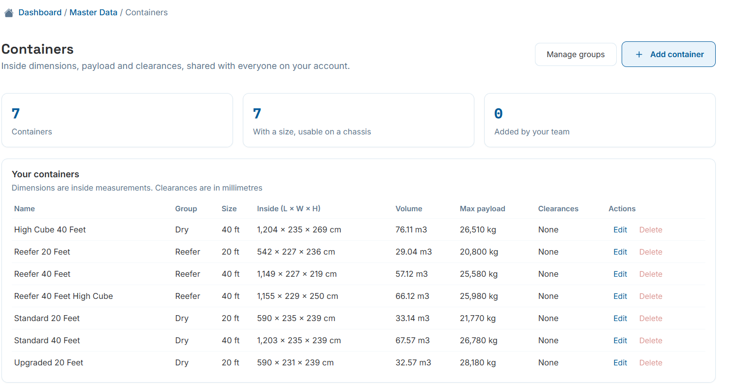 Containers master data list showing name, group, size, inside dimensions, volume, max payload and clearances