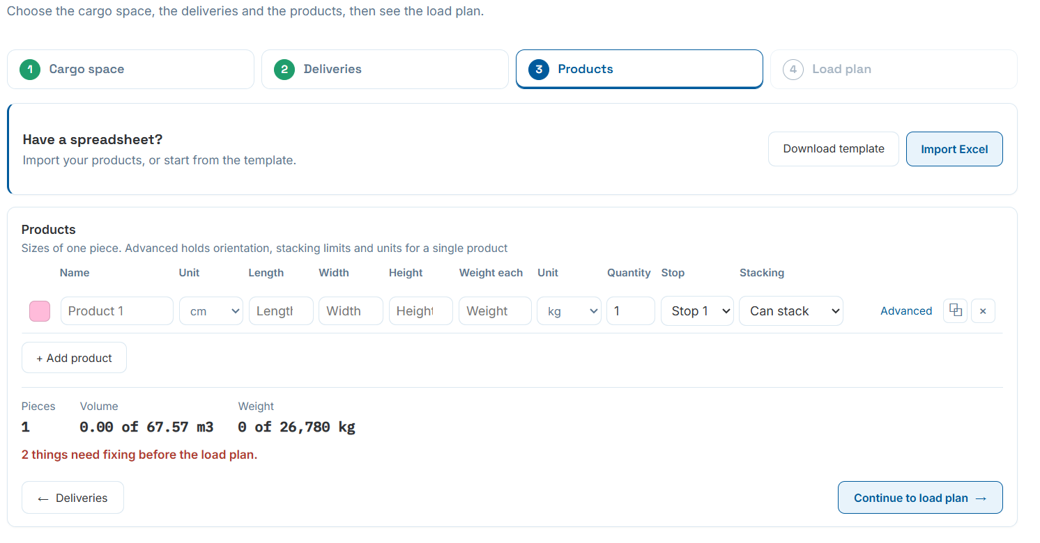 Products step showing the Stop column alongside dimensions, weight and quantity