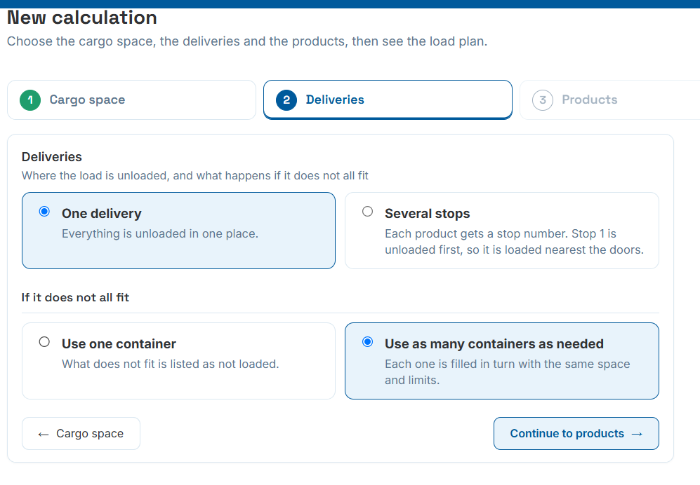 Deliveries step with 'Use as many containers as needed' selected