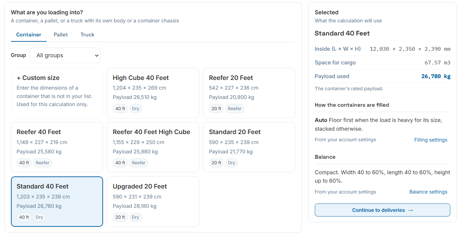 Standard 40 Feet container selected, showing inside dimensions, space for cargo, payload used, filling and balance settings