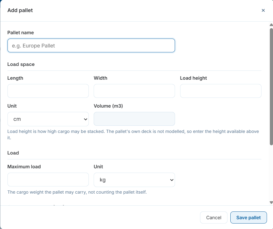 Add pallet form with load space length, width, load height, unit, computed volume and maximum load