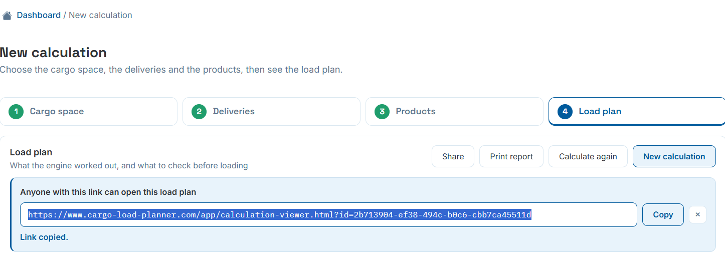 Load plan with Share, Print report, Calculate again and New calculation buttons, and a copyable public link below