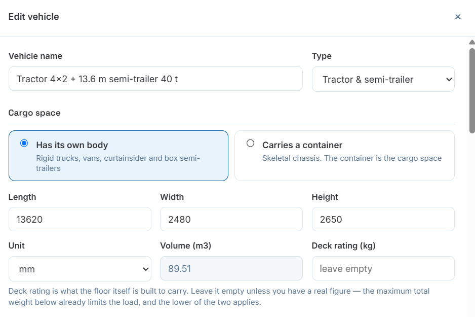 Edit vehicle form: has its own body vs carries a container, with length, width, height and deck rating