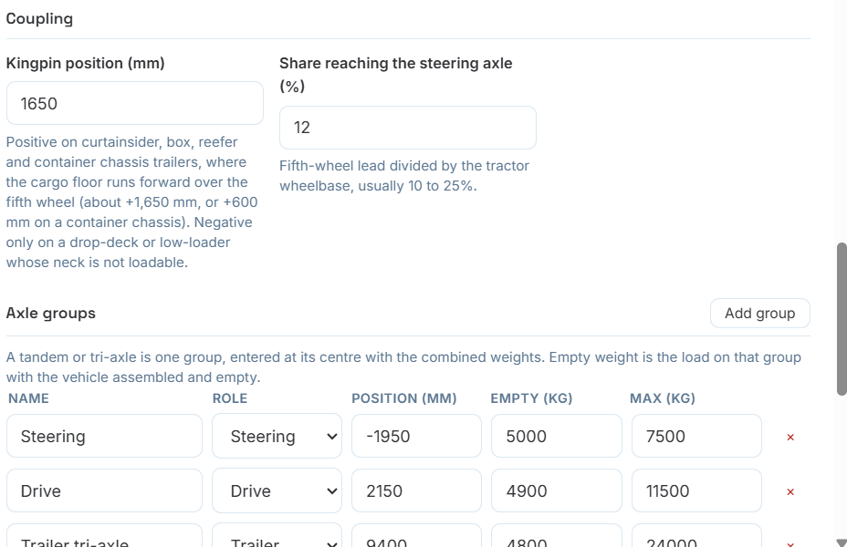 Coupling section with kingpin position, steering share percentage, and an axle groups table