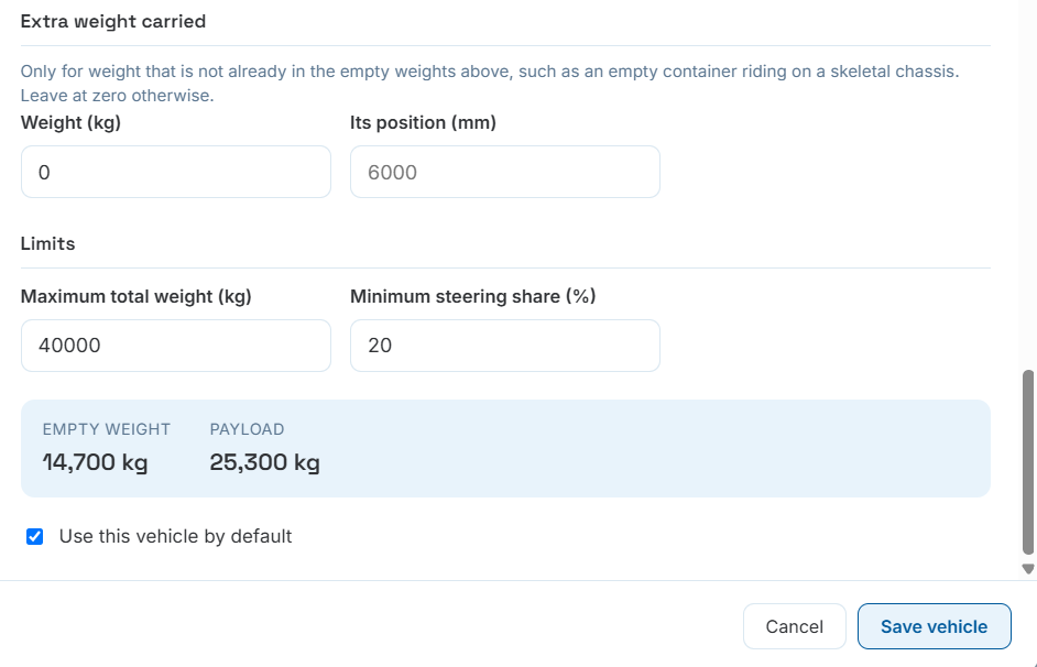 Extra weight carried, maximum total weight, minimum steering share, and computed empty weight and payload